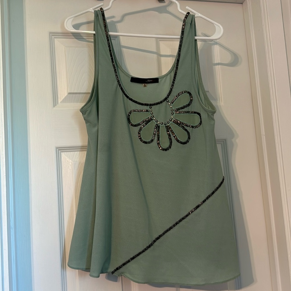 Sugarlips sage fit and flare tank top with beaded flower and detail SZ- MD